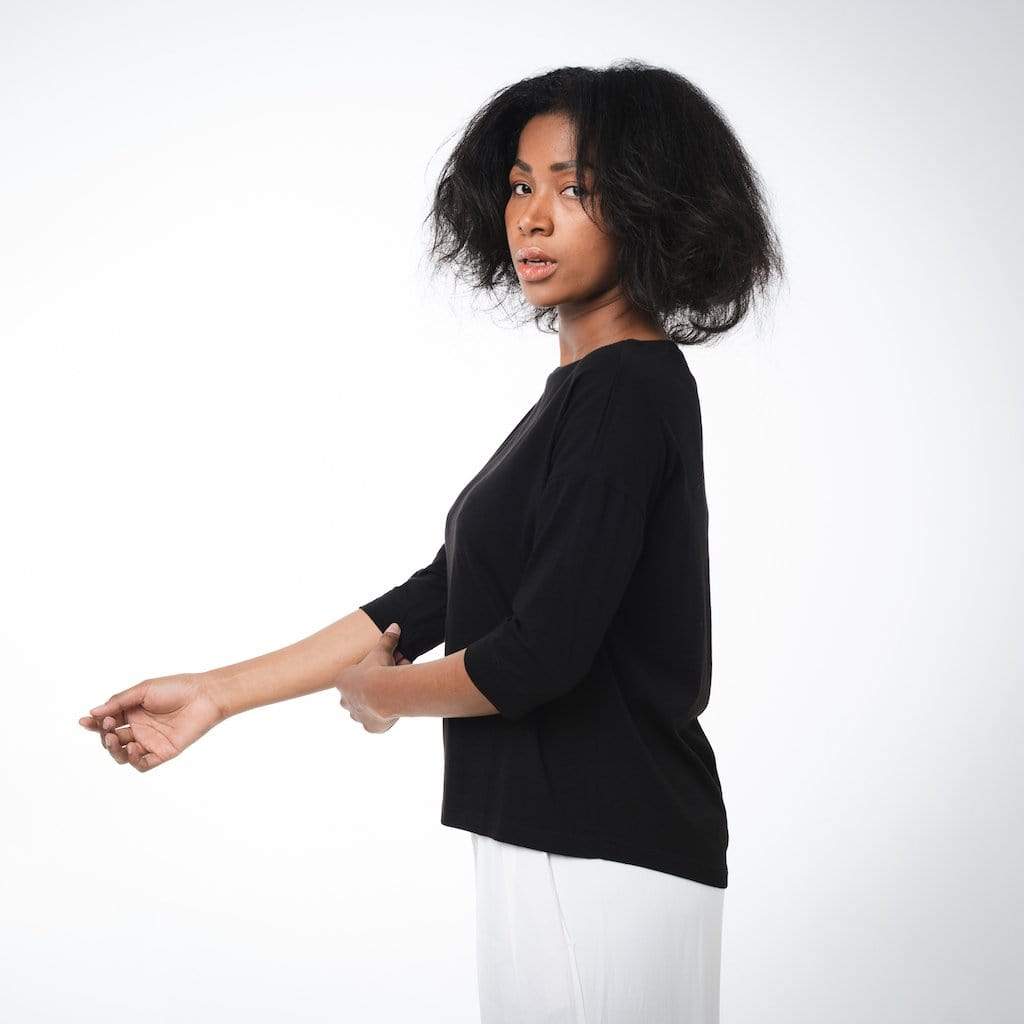 Boat Neck 3/4 Sleeve Top | Black-Dorsu-stride