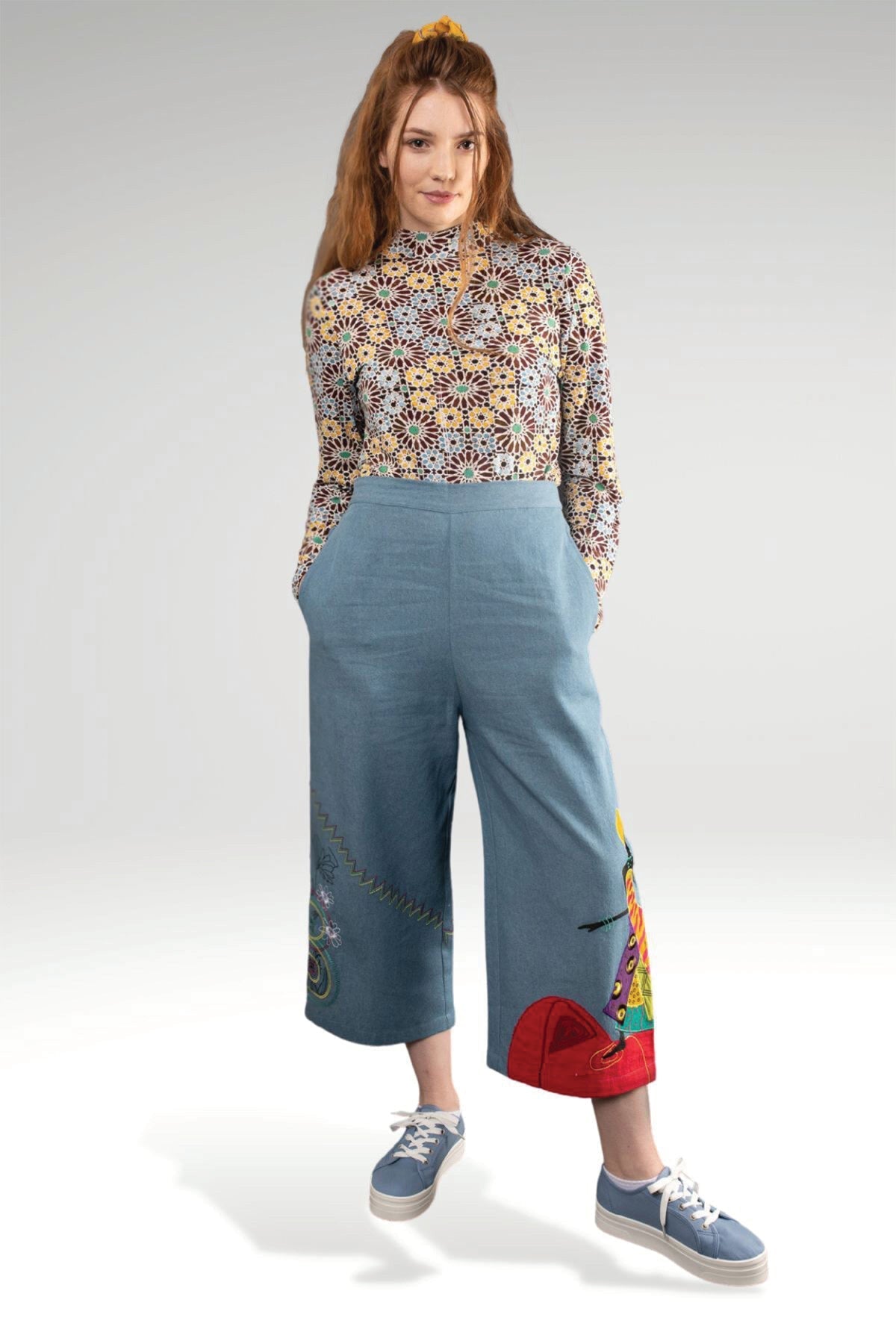 DERORA EMBROIDERED DENIM HIGH WAIST PANTS-Zoha-stride