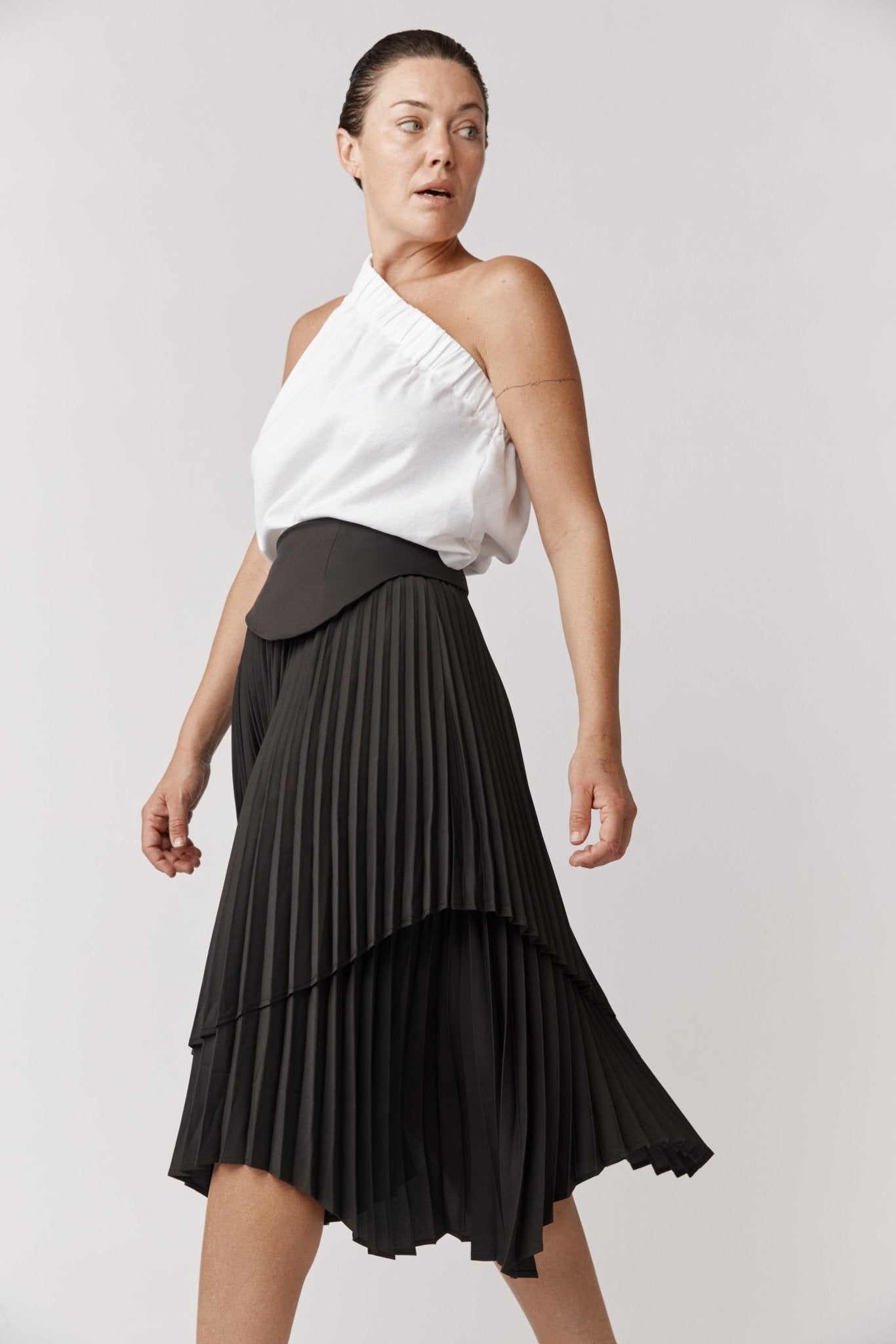 Edith Pleated Asymmetrical Skirt-ALKAM-stride