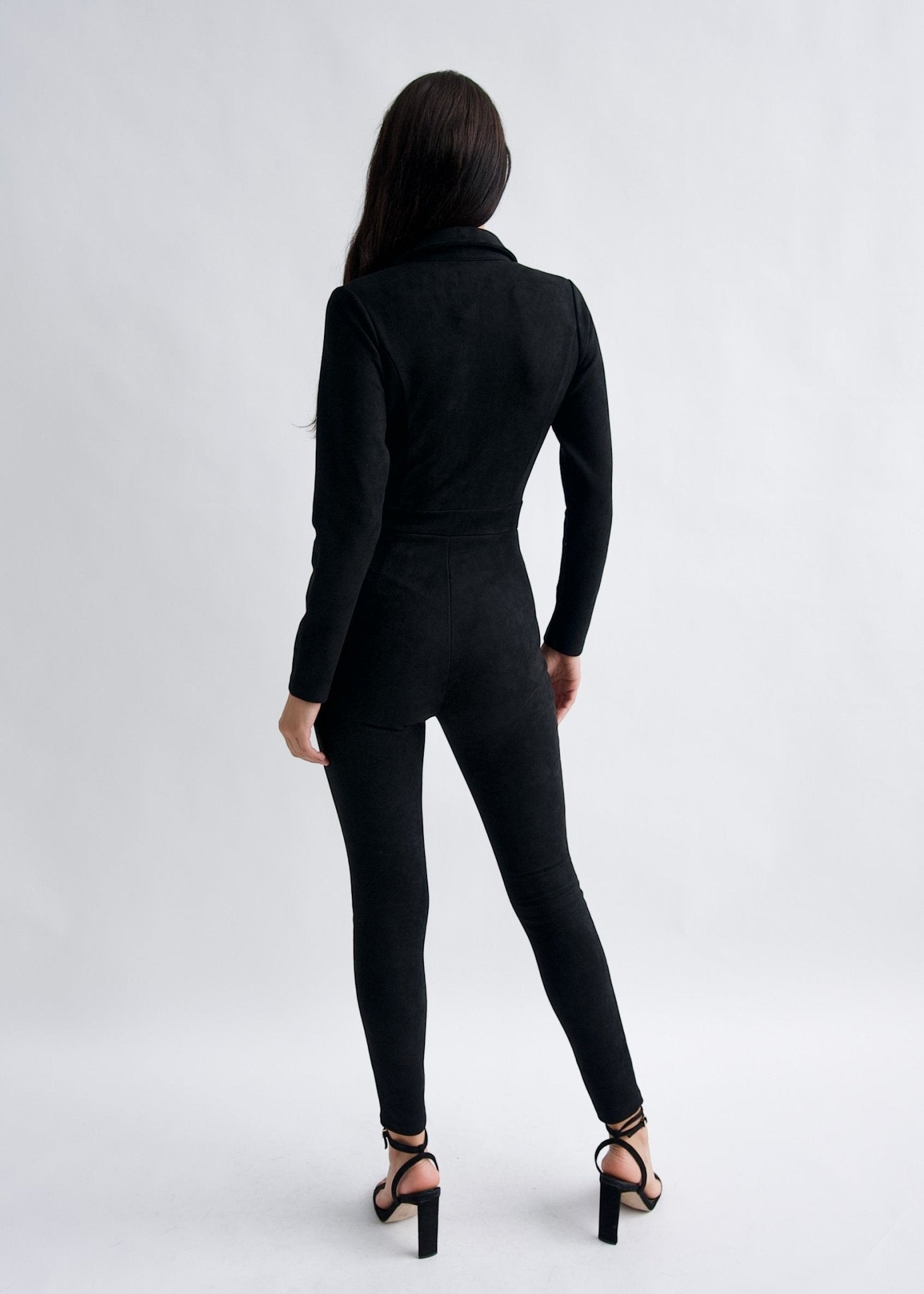 "Emma Peel" Black Faux Suede Jumpsuit-Why Mary-stride