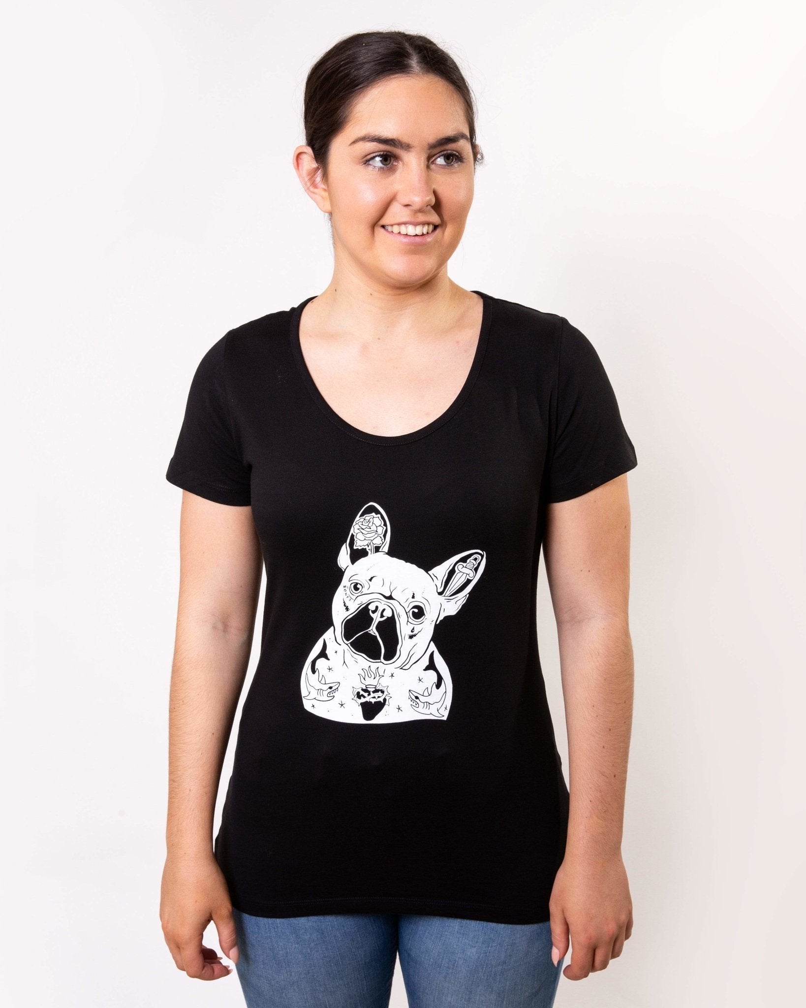 Etiko Frenchie black t-shirt - women's organic fairtrade Tops Stride