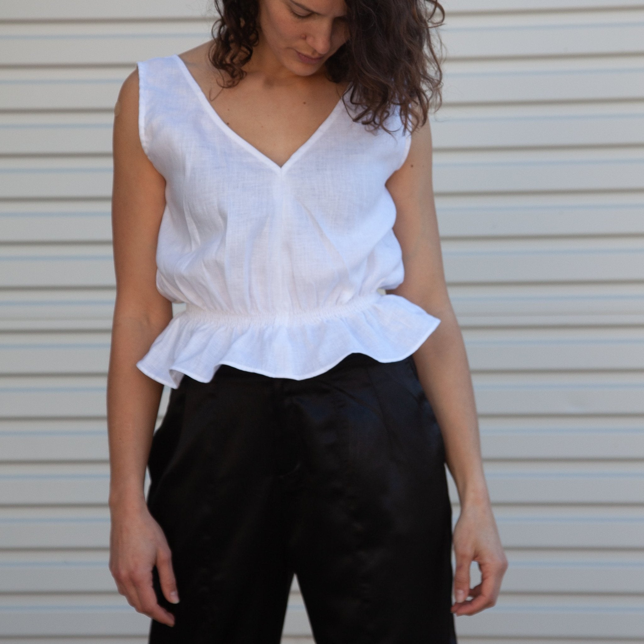 Lani Shirred Waist Top - White Linen Herringbone