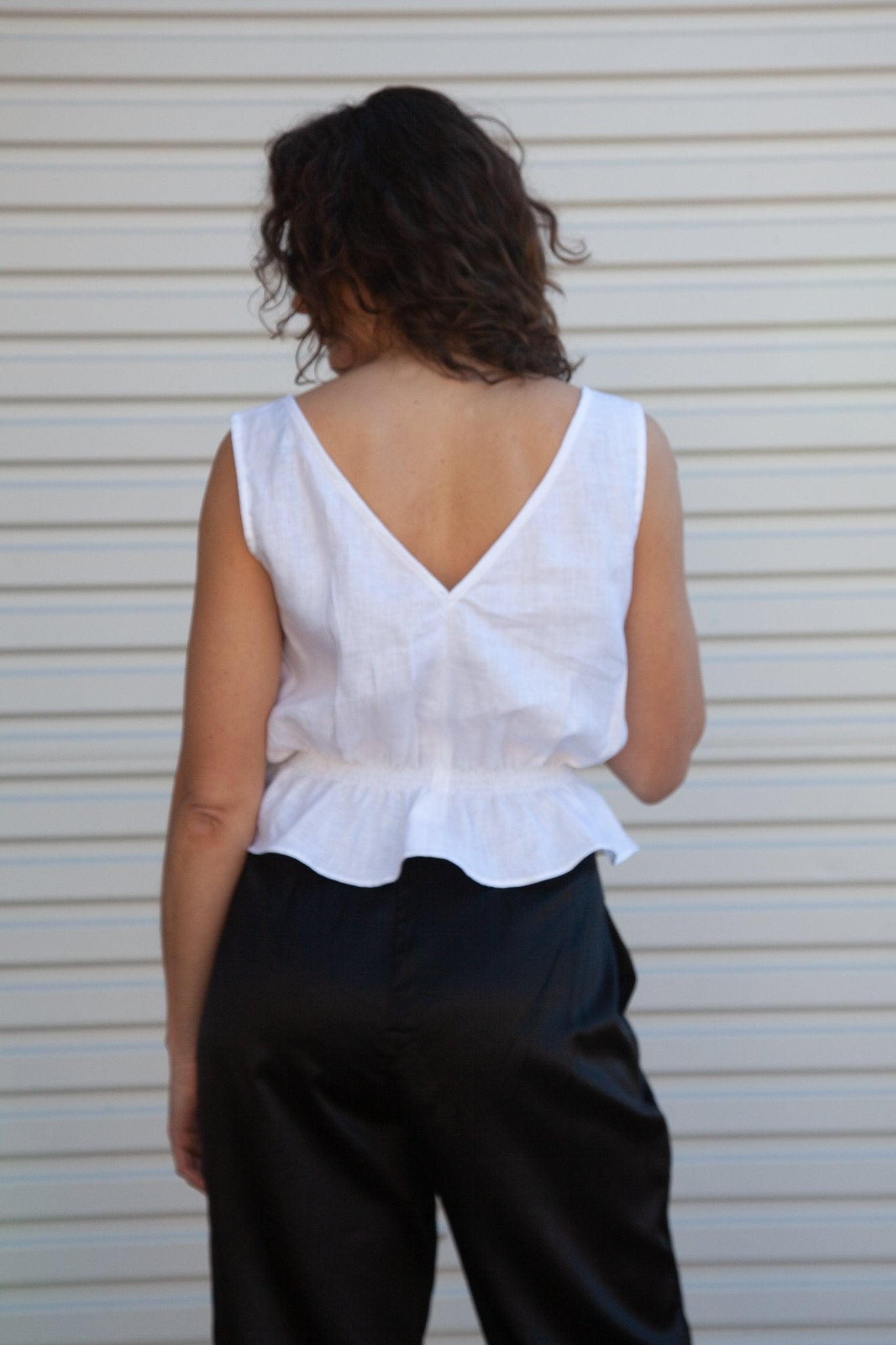 Lani Shirred Waist Top - White Linen Herringbone
