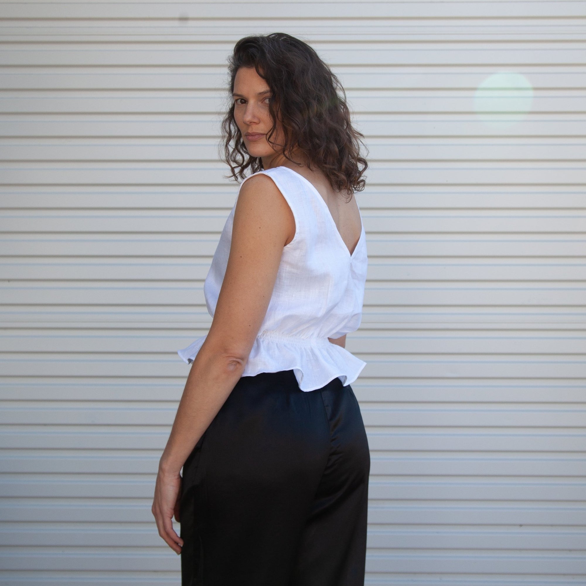 Lani Shirred Waist Top - White Linen Herringbone