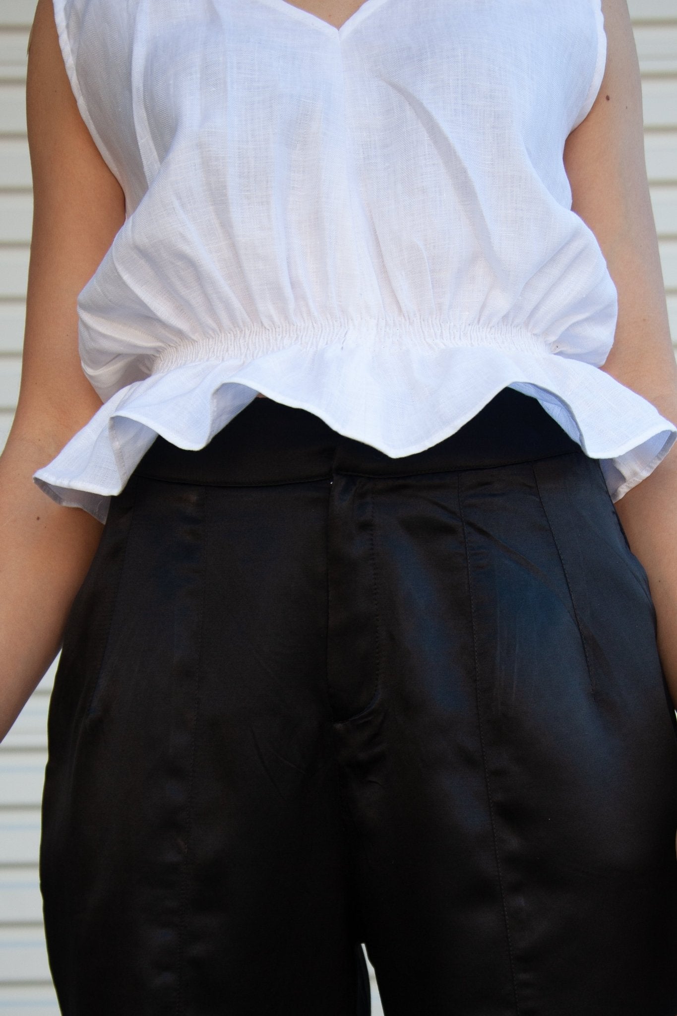 Lani Shirred Waist Top - White Linen Herringbone