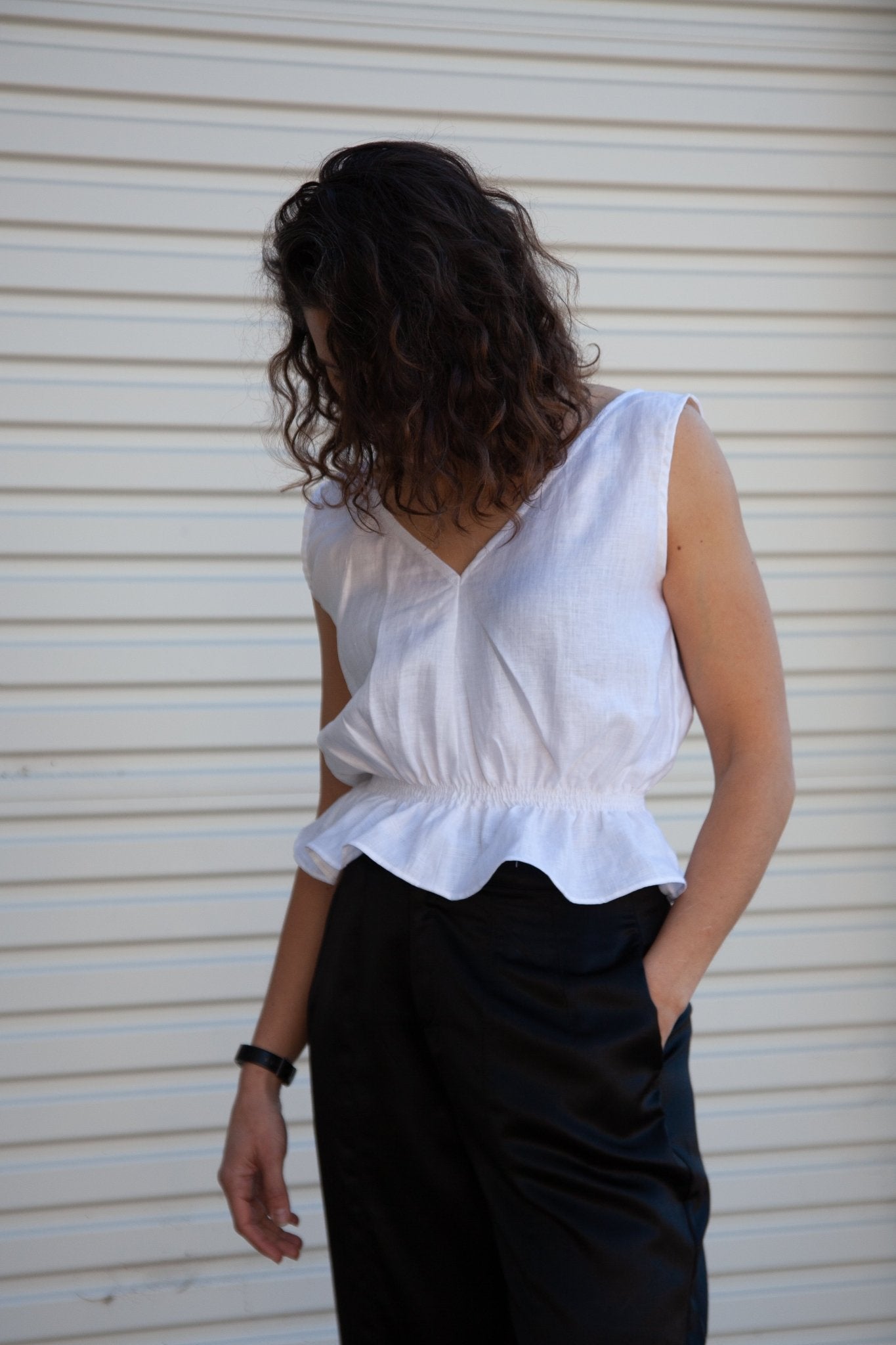 Lani Shirred Waist Top - White Linen Herringbone