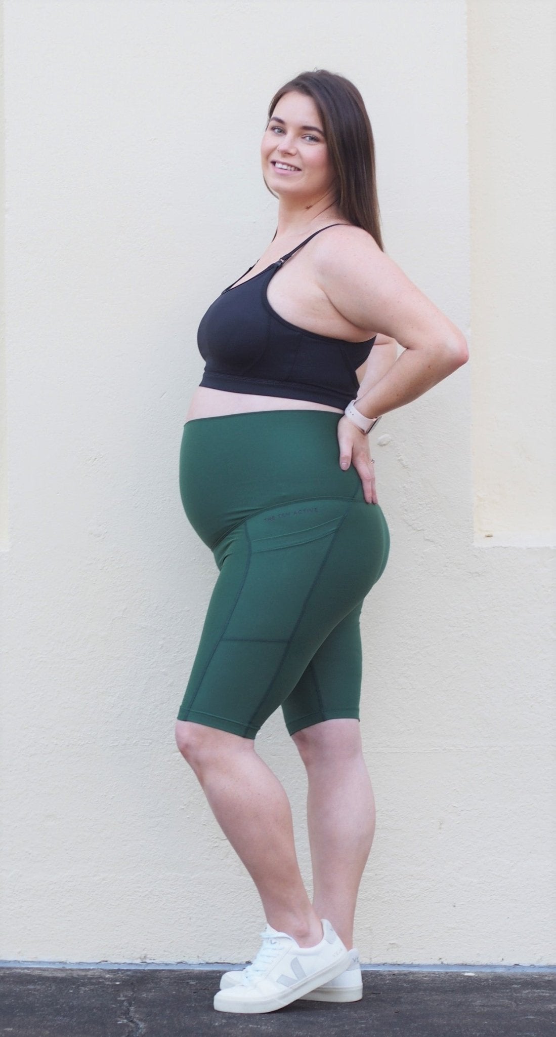 Limited Edition green eco suede maternity shorts-The Ten Active-stride