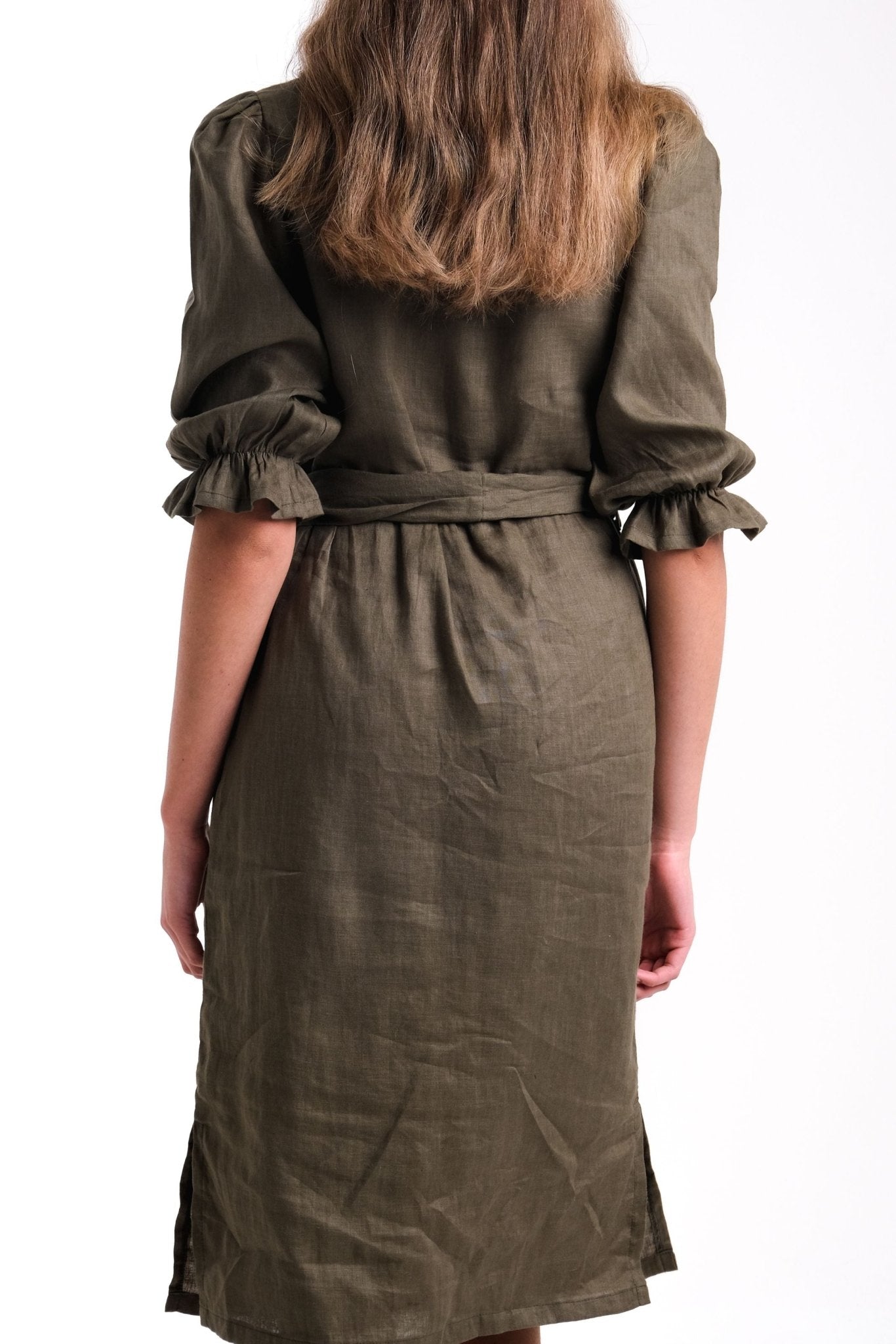 Linen Wrap Dress in Forrest Green | Jules-Donnah-stride