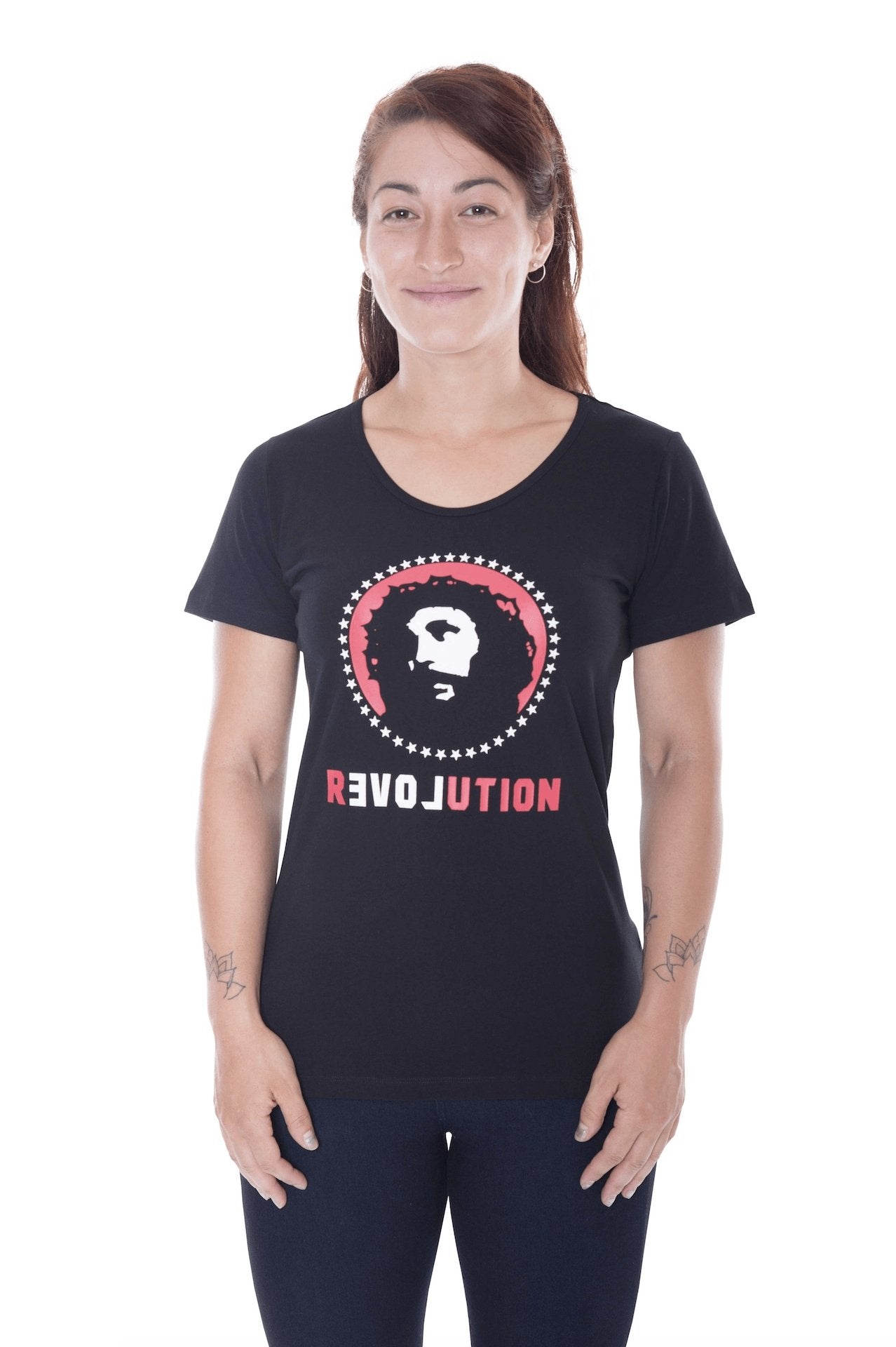 Love Revolution black t-shirt - women's organic fairtrade-Etiko-stride
