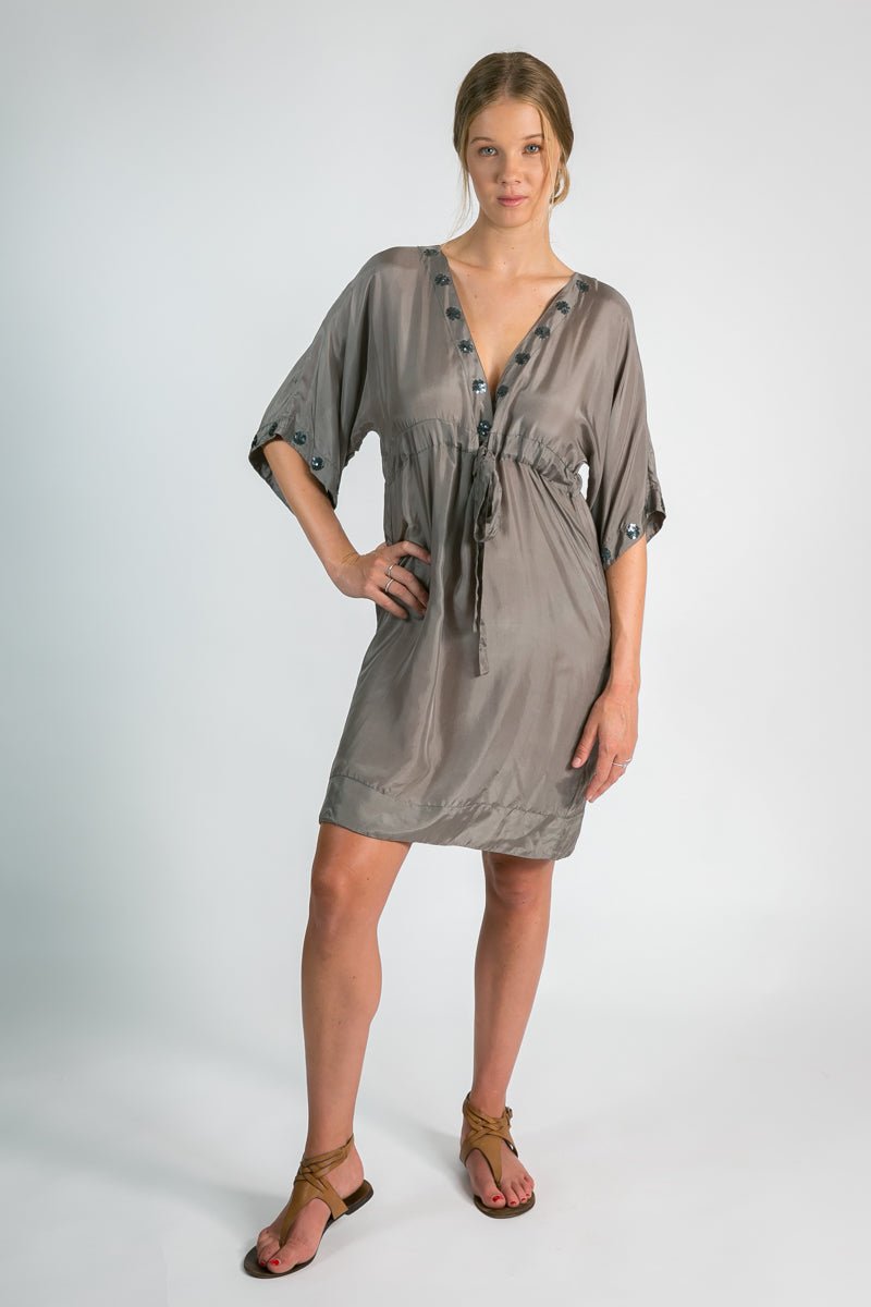 Rendezvous silk dress in taupe-Donnah-stride