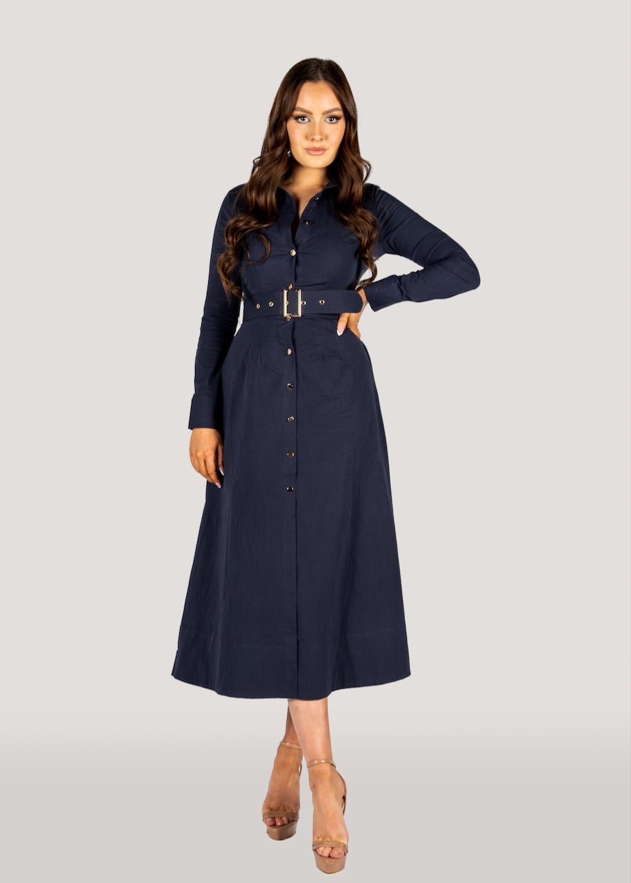 The "Kate" Shirt Dress Navy, Long Sleeves-Why Mary-stride