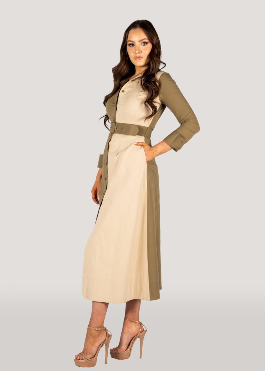 The "Kate" Shirt Dress Two Tone Khaki, Long Sleeves-Why Mary-stride