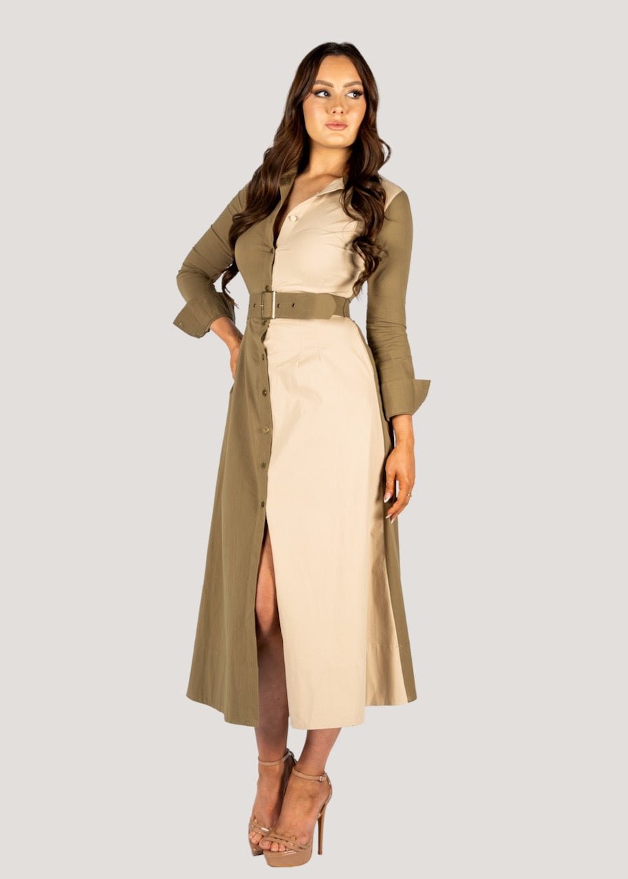 The "Kate" Shirt Dress Two Tone Khaki, Long Sleeves-Why Mary-stride