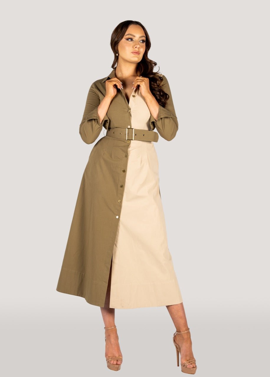 The "Kate" Shirt Dress Two Tone Khaki, Long Sleeves-Why Mary-stride