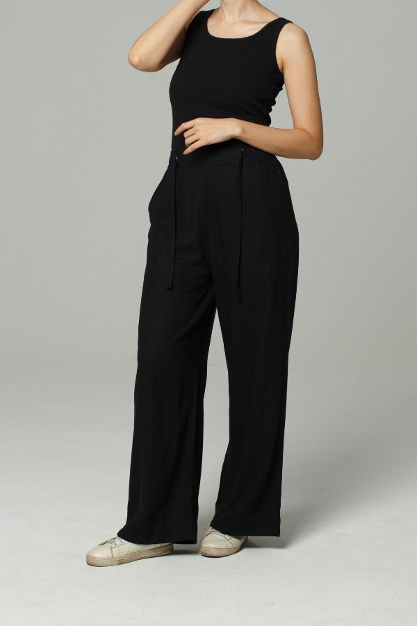Wide Leg Linen Drawstring Pants | Black-Dorsu-stride