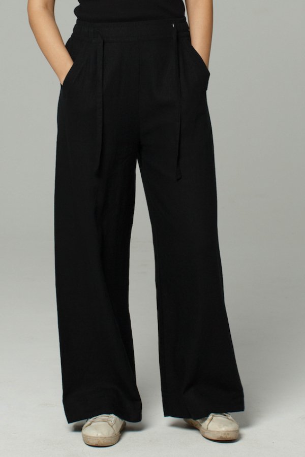 Wide Leg Linen Drawstring Pants | Black-Dorsu-stride