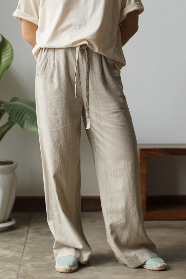 Wide Leg Linen Drawstring Pants | Stone-Dorsu-stride