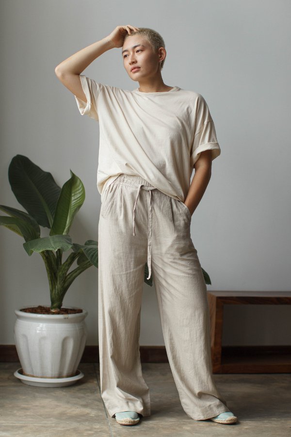 Wide Leg Linen Drawstring Pants | Stone-Dorsu-stride